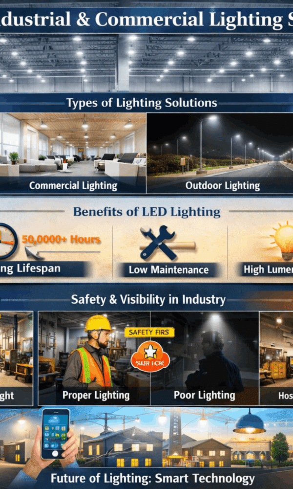 Industrial and commercial lighting solutions guide with LED benefits and applications