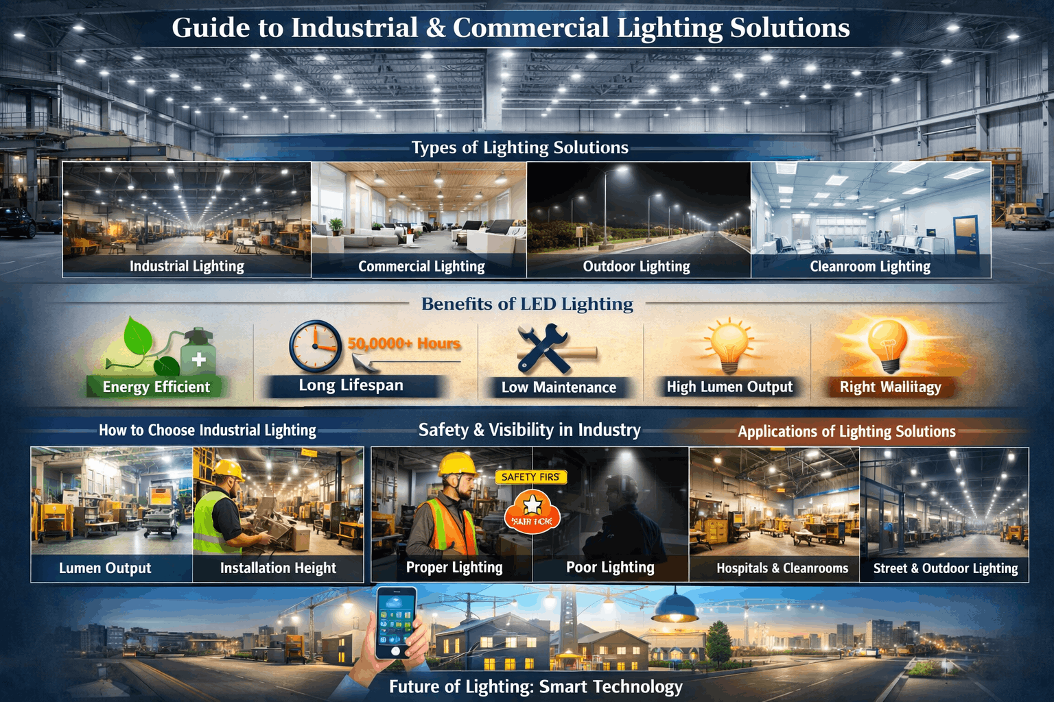 Industrial and commercial lighting solutions guide with LED benefits and applications