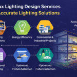 Dialux lighting design services Ahmedabad showing lighting simulation, energy efficiency, and commercial lighting planning