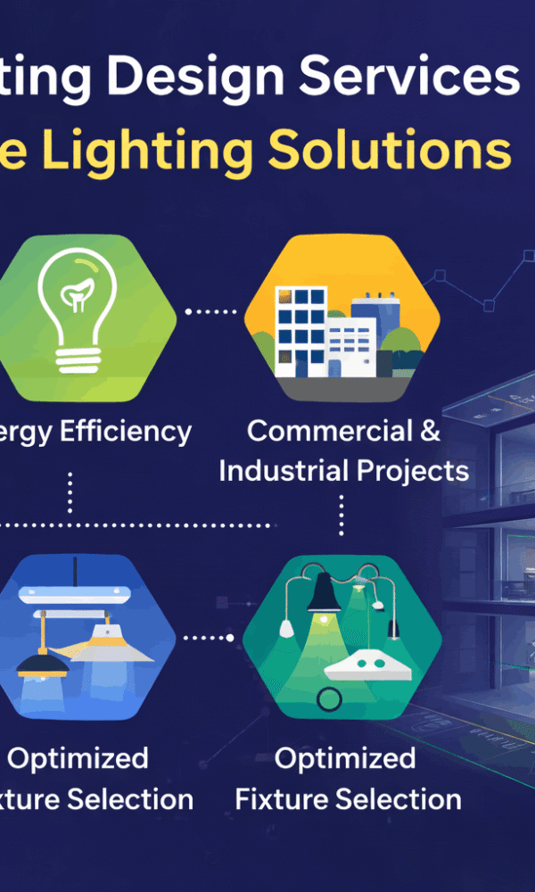 Dialux lighting design services Ahmedabad showing lighting simulation, energy efficiency, and commercial lighting planning