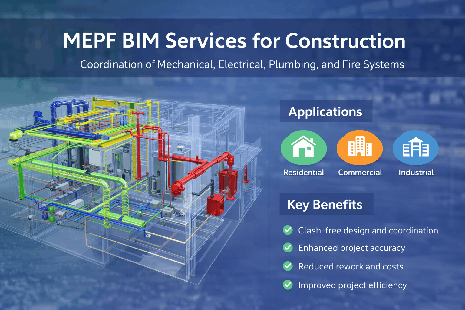 MEPF BIM Services showing mechanical electrical plumbing and fire system modeling for construction projects