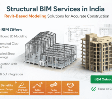 Structural BIM services in India showing Revit based 3D modeling, shop drawings, clash detection, and construction planning visualization
