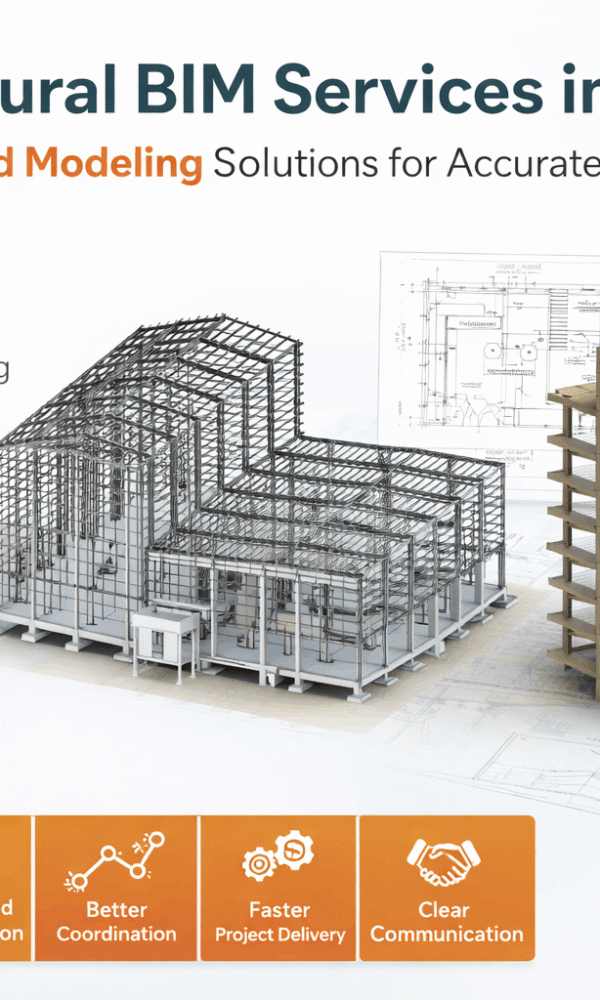 Structural BIM services in India showing Revit based 3D modeling, shop drawings, clash detection, and construction planning visualization