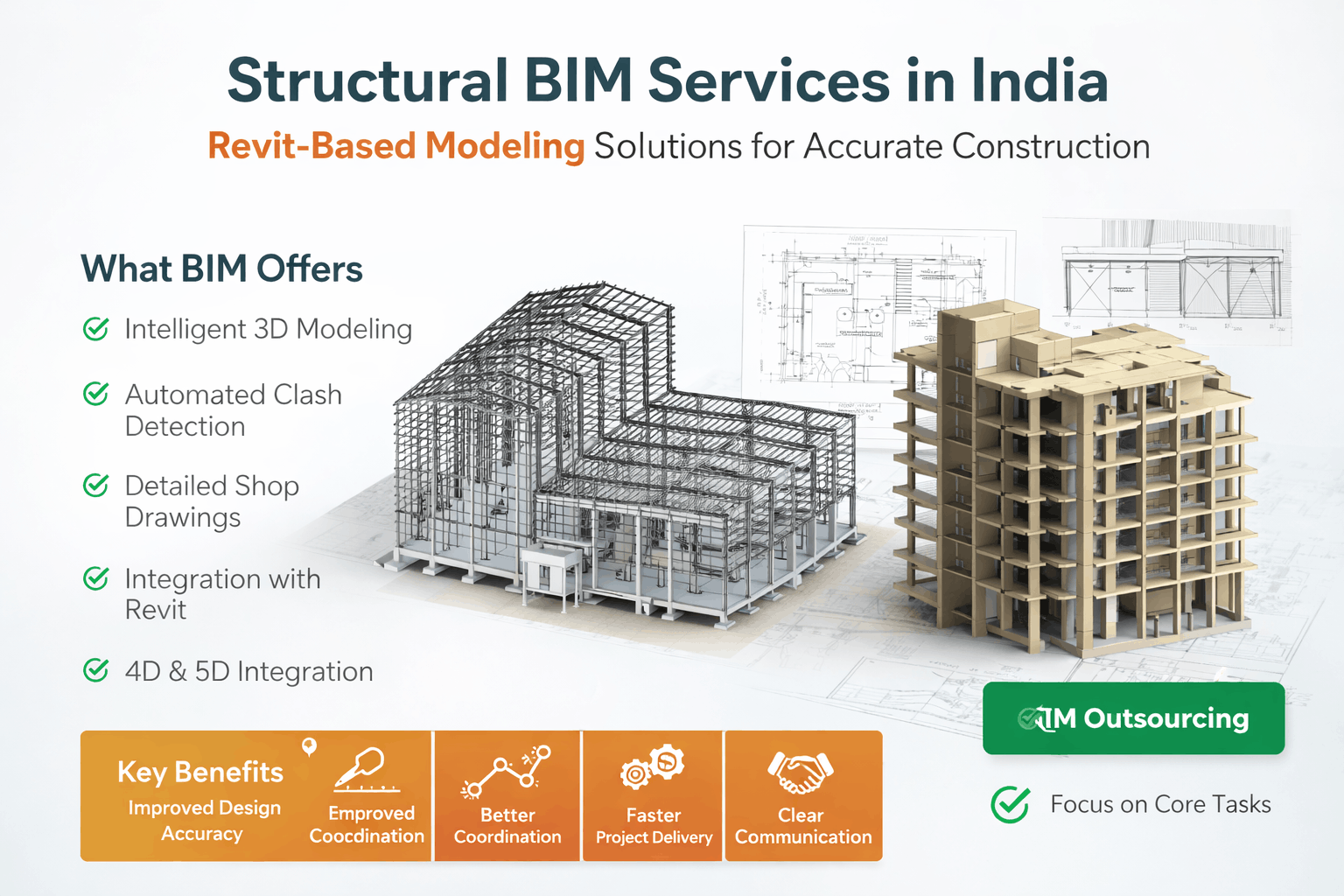 Structural BIM services in India showing Revit based 3D modeling, shop drawings, clash detection, and construction planning visualization