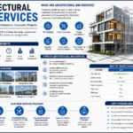 Architectural BIM services infographic showing 3D modeling clash detection BIM vs CAD comparison and BIM workflow process
