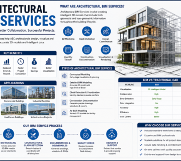 Architectural BIM services infographic showing 3D modeling clash detection BIM vs CAD comparison and BIM workflow process