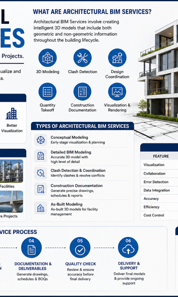 Architectural BIM services infographic showing 3D modeling clash detection BIM vs CAD comparison and BIM workflow process